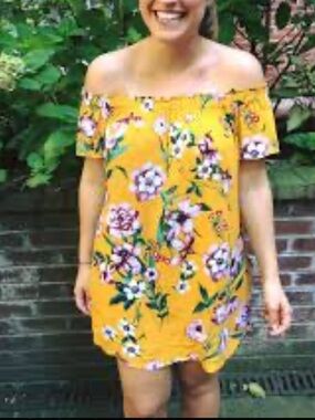 Street Ware Society Mustard Yellow Off-Shoulder Floral Shift Dress NWOT